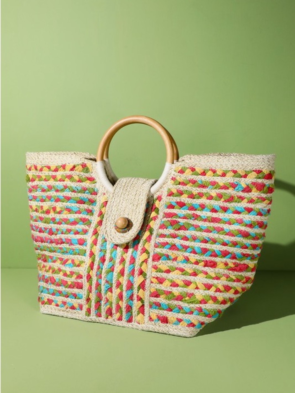 Woven Multi-Color Straw Tote Bag with Wooden Handles